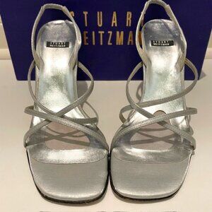 Stuart Weitzman Strappy Silver Metallic Fabric Dress Heels